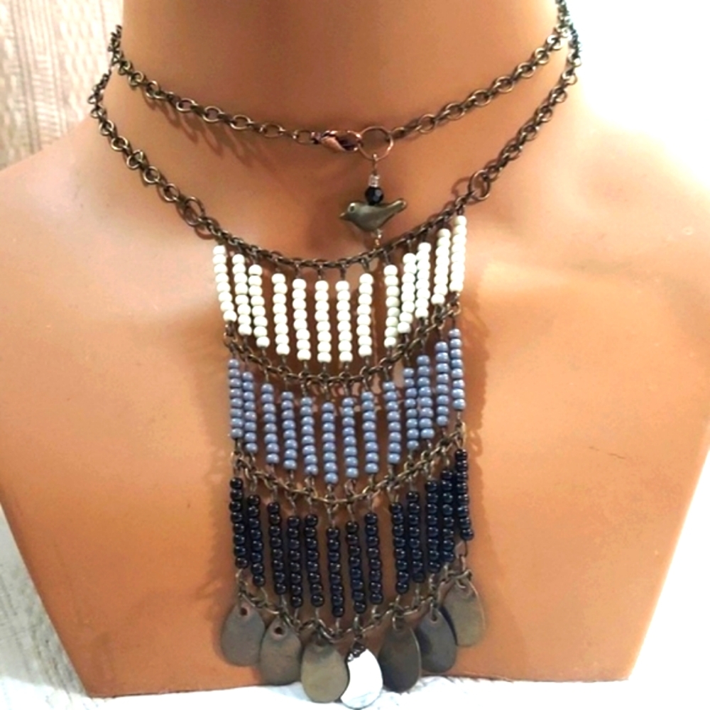 VINTAGE Multi Strand beaded Brass Color Chain Triple Chevron  Necklace